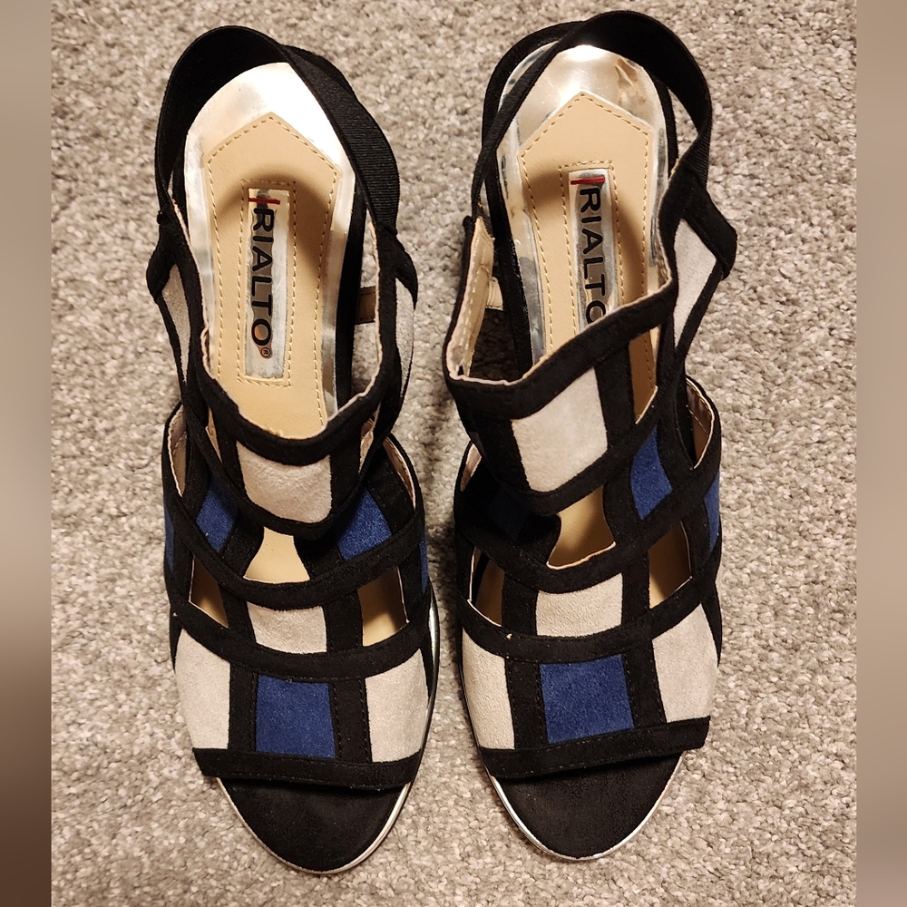 Rialto "Welth" open toe heeled sandals, navy/tan multi-color sueded, sz: 8.5 NIB - Picture 5 of 11